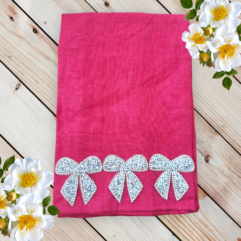 Pink Hand Towels with Rhinestone Sequin Bows